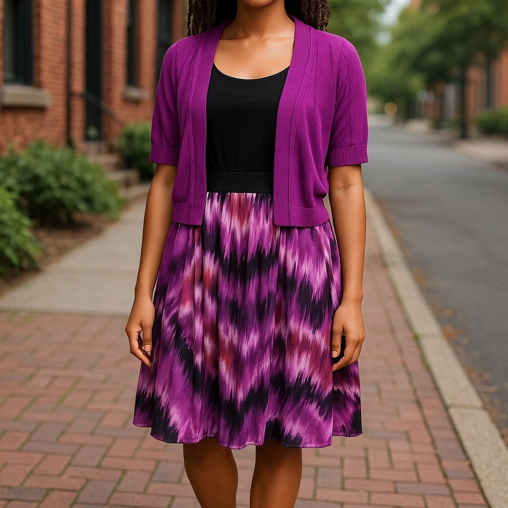 Lane Bryant Purple and Black Printed Midi Dress with Short Sleeve Cardigan